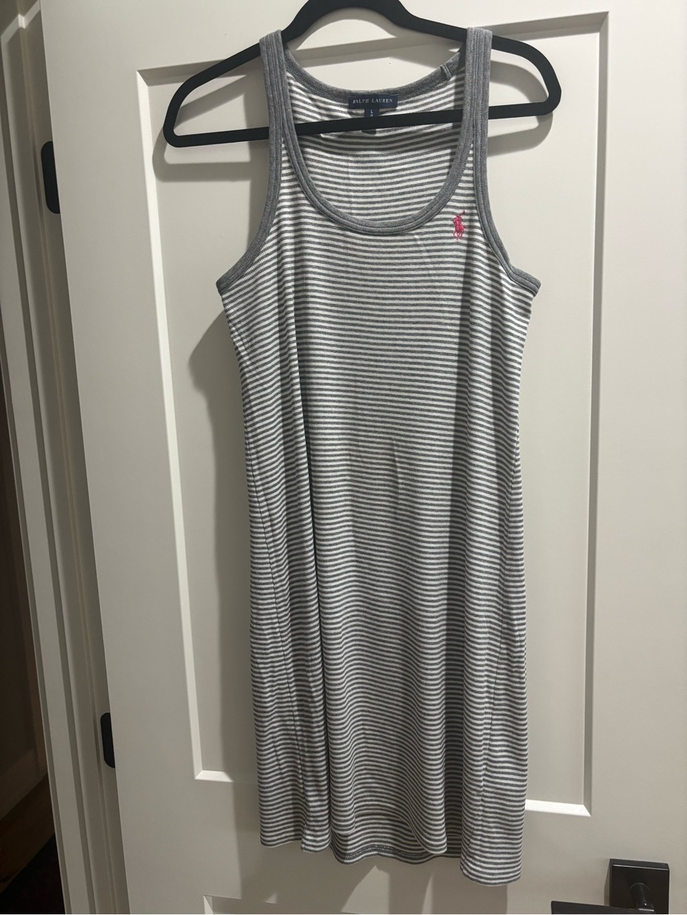 Ralph Lauren Gray & White Striped Sleeveless Tank Midi Dress with Pink Pony